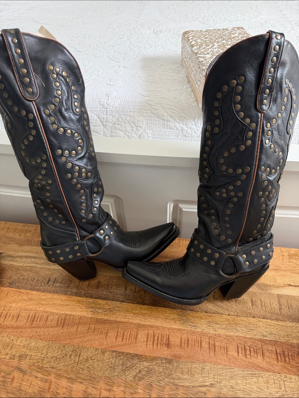 Black Studded Western-Inspired Heeled Boots NEW
